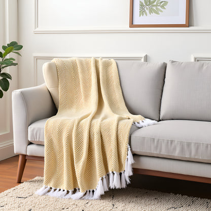Hand-Knitted All Season Throw Blanket – Cotton Blend |  Yellow | 80x52 Inches