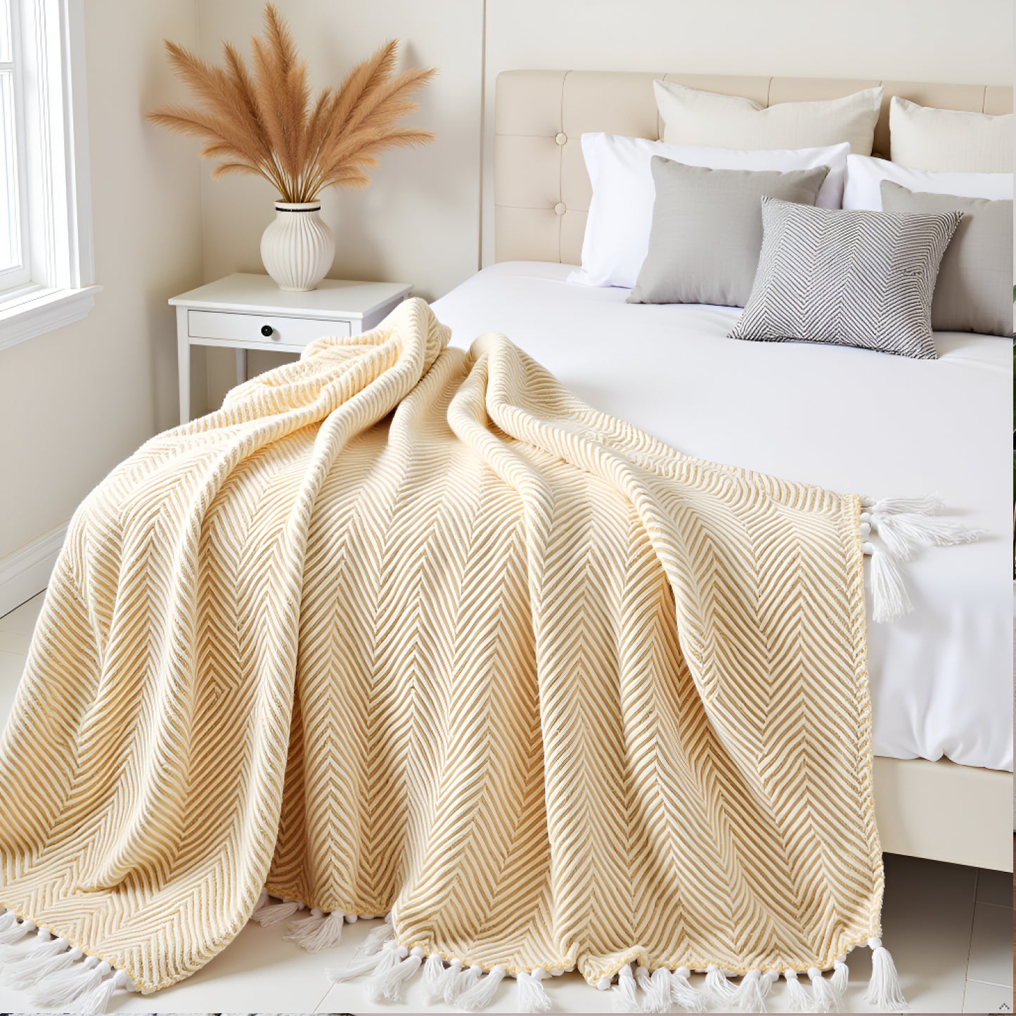 Hand-Knitted All Season Throw Blanket – Cotton Blend |  Yellow | 80x52 Inches