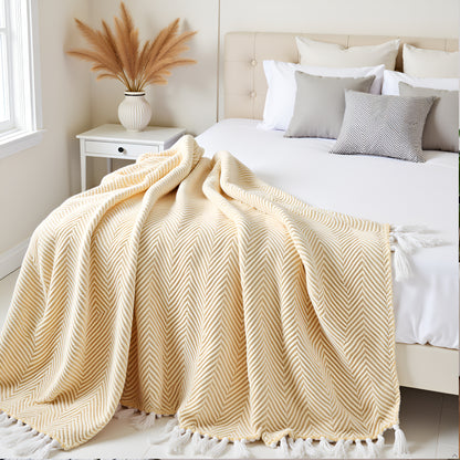 Hand-Knitted All Season Throw Blanket – Cotton Blend |  Yellow | 80x52 Inches