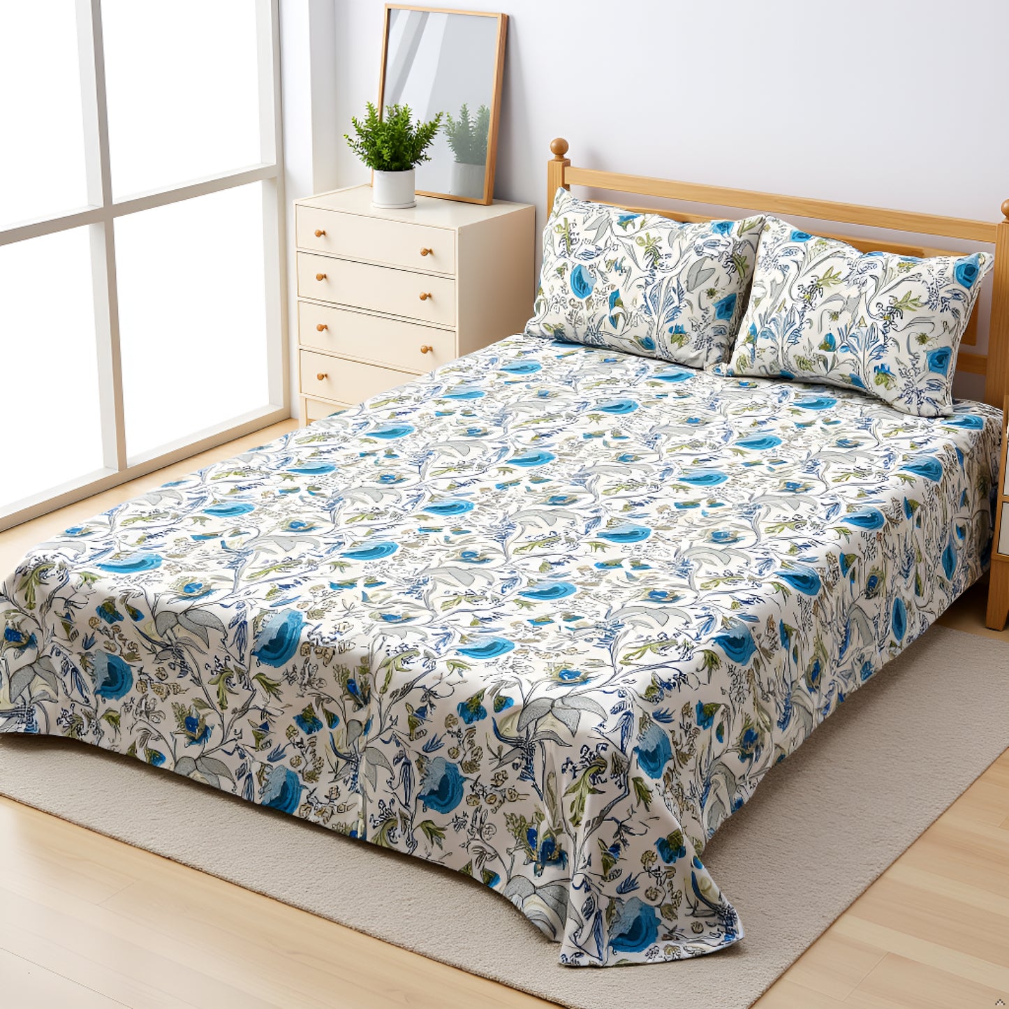 100% Pure Cotton King Size Bedsheet Set – Beige & Anokhi Floral Print | 96x104 Inches (243x264 cm) | Includes 2 Pillow Covers