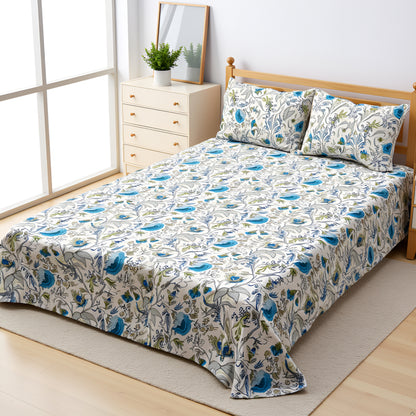 100% Pure Cotton King Size Bedsheet Set – Beige & Anokhi Floral Print | 96x104 Inches (243x264 cm) | Includes 2 Pillow Covers