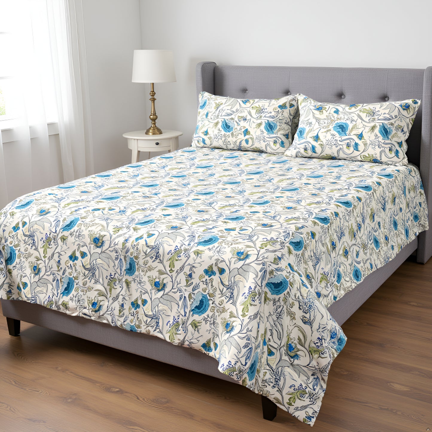 100% Pure Cotton King Size Bedsheet Set – Beige & Anokhi Floral Print | 96x104 Inches (243x264 cm) | Includes 2 Pillow Covers