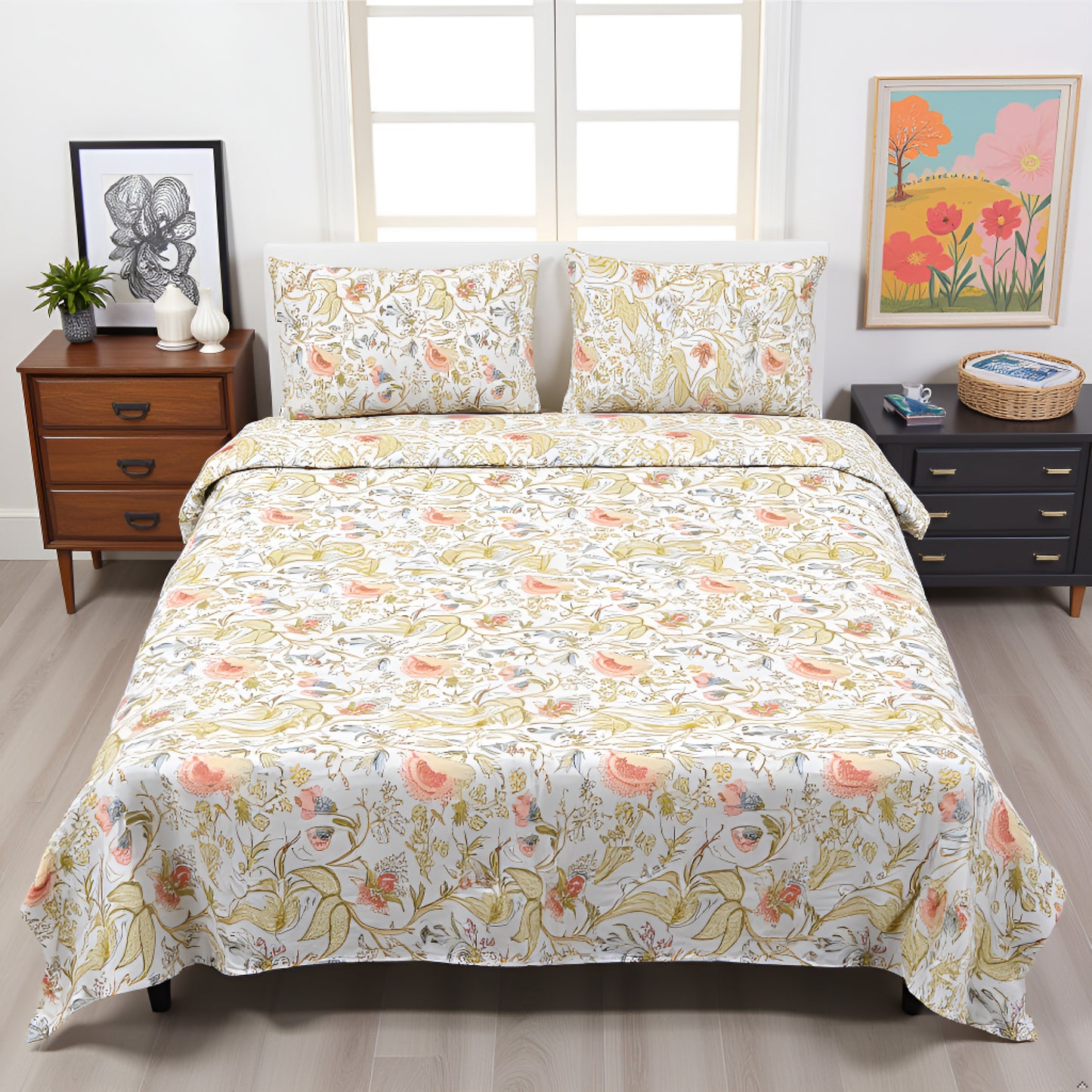 100% Pure Cotton King Size Bedsheet Set – Mustard Yellow Printed | 96x104 Inches (243x264 cm) | Includes 2 Pillow Covers