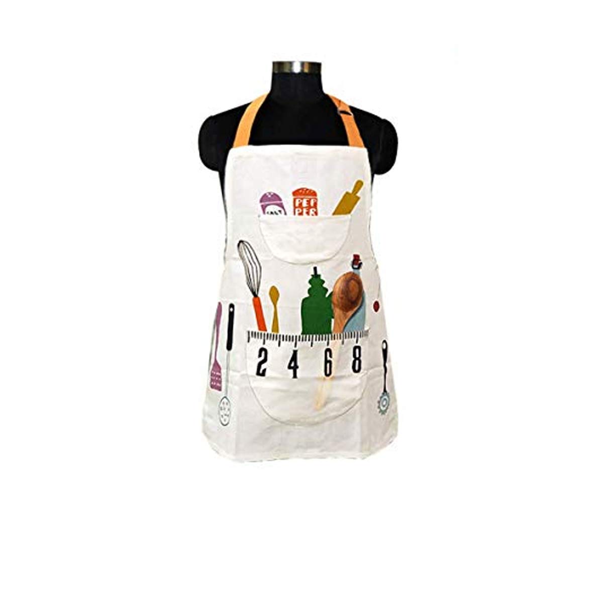 A white cotton apron with a graphic print including a house, spoon, and other kitchen utensils, displayed on a mannequin.
