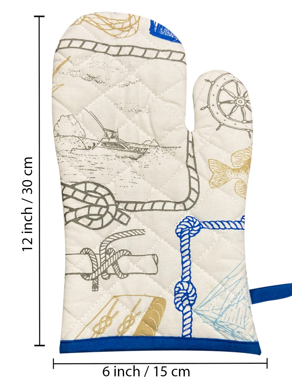 pair of white and blue oven gloves with a nautical pattern