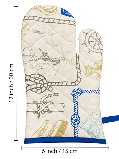 pair of white and blue oven gloves with a nautical pattern