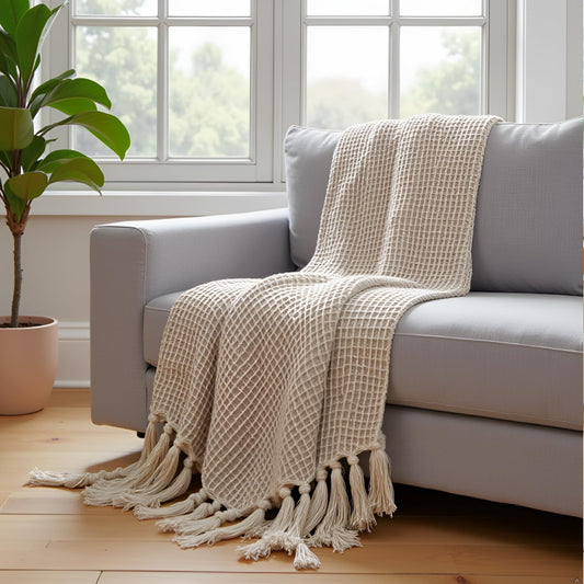 Hand-Knitted All Season Throw Blanket – Cotton Blend | Light Fawn & Beige | 80x52 Inches