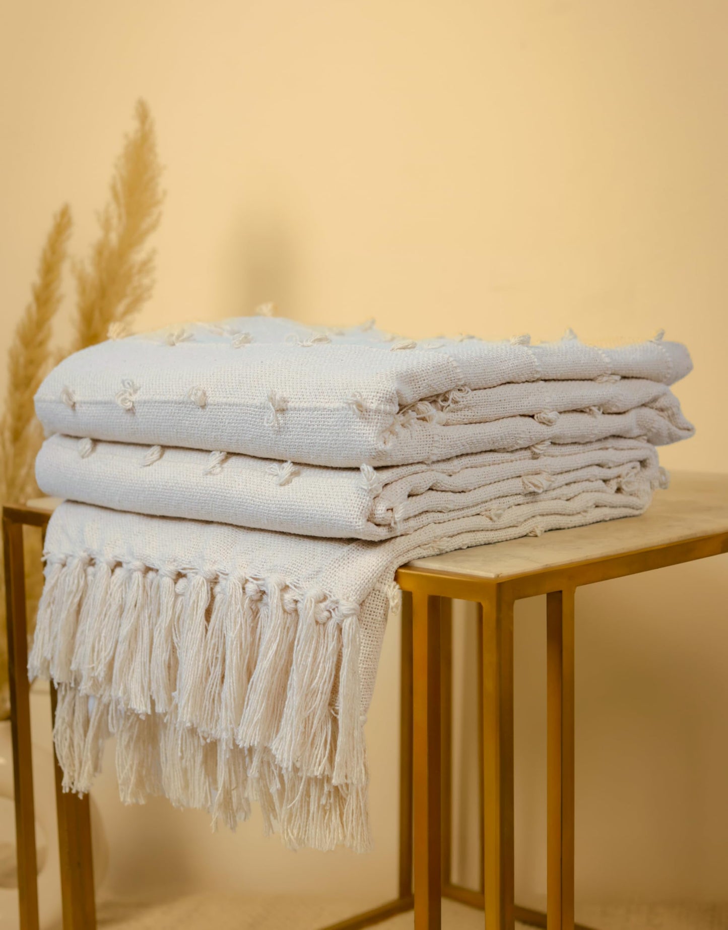 Pure Cotton Beige Throw & 2 Cushion Covers