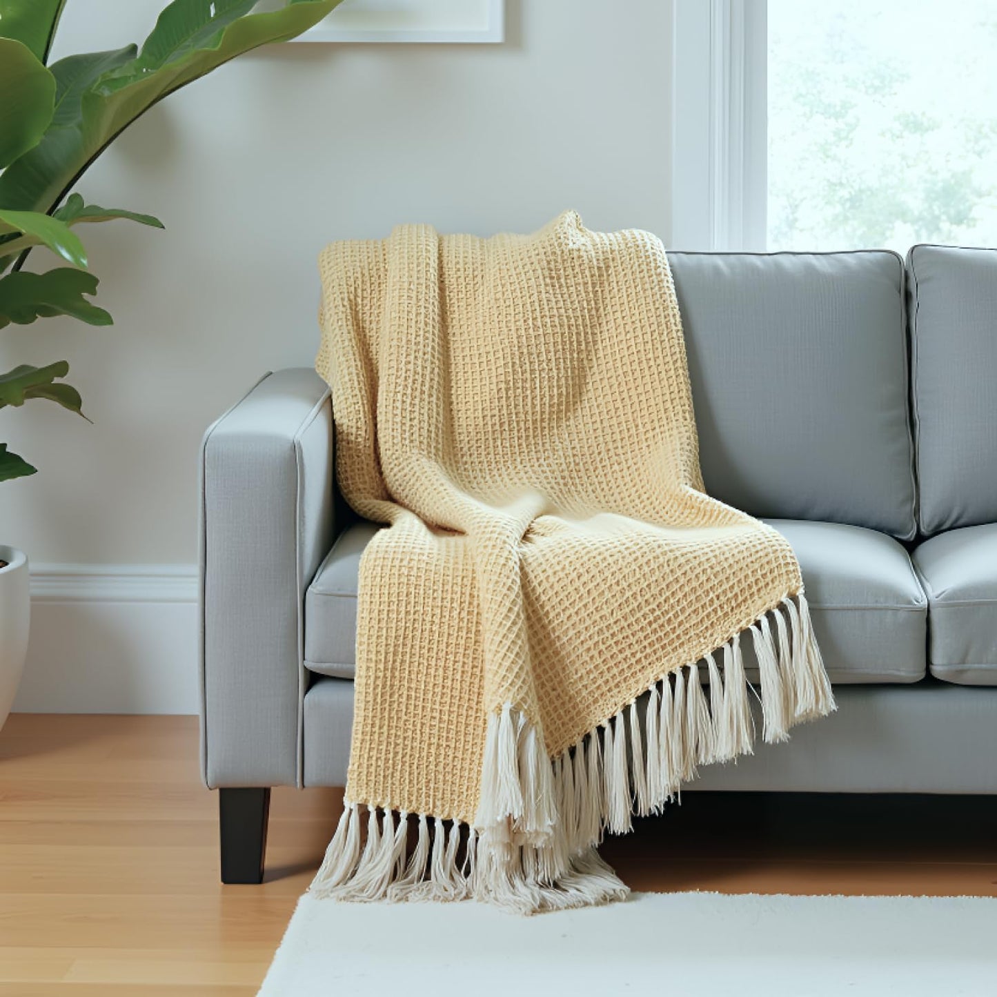 Hand-Knitted All Season Throw Blanket – Cotton Blend | Yellow & Beige | 80x52 Inches
