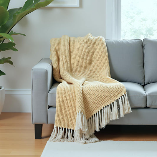 Hand-Knitted All Season Throw Blanket – Cotton Blend | Yellow & Beige | 80x52 Inches