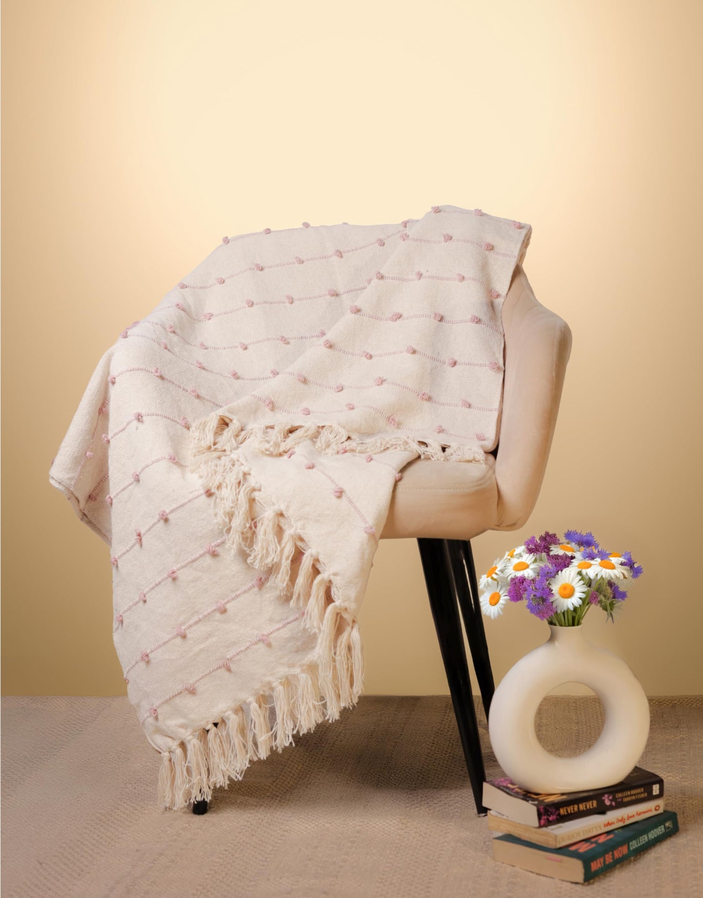 Pure Cotton Beige & Pink Throw & Cushion Cover