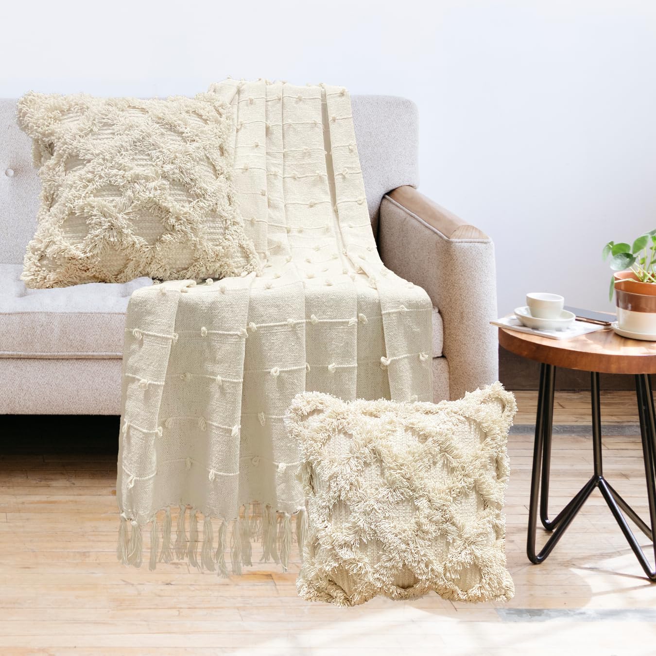 Pure Cotton Beige Throw & 2 Cushion Covers