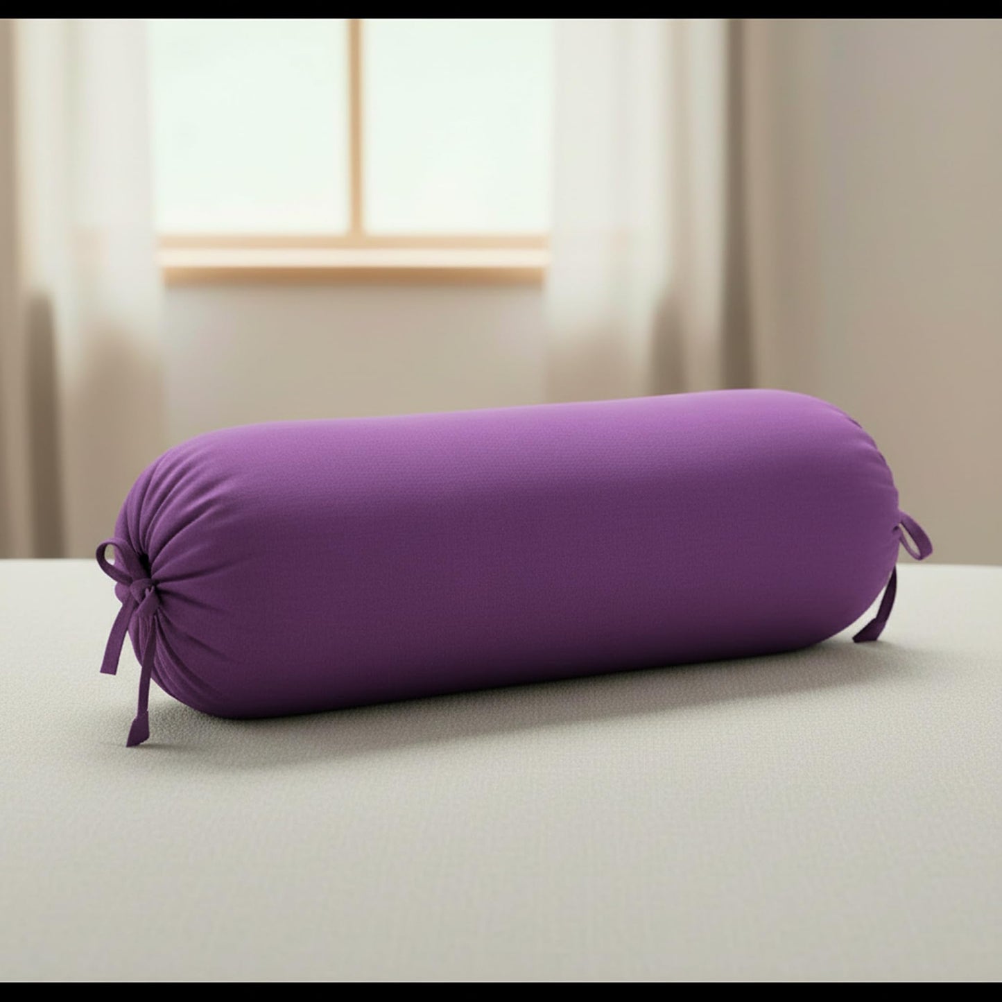 Purple cylindrical pillow on a light surface with a neutral background