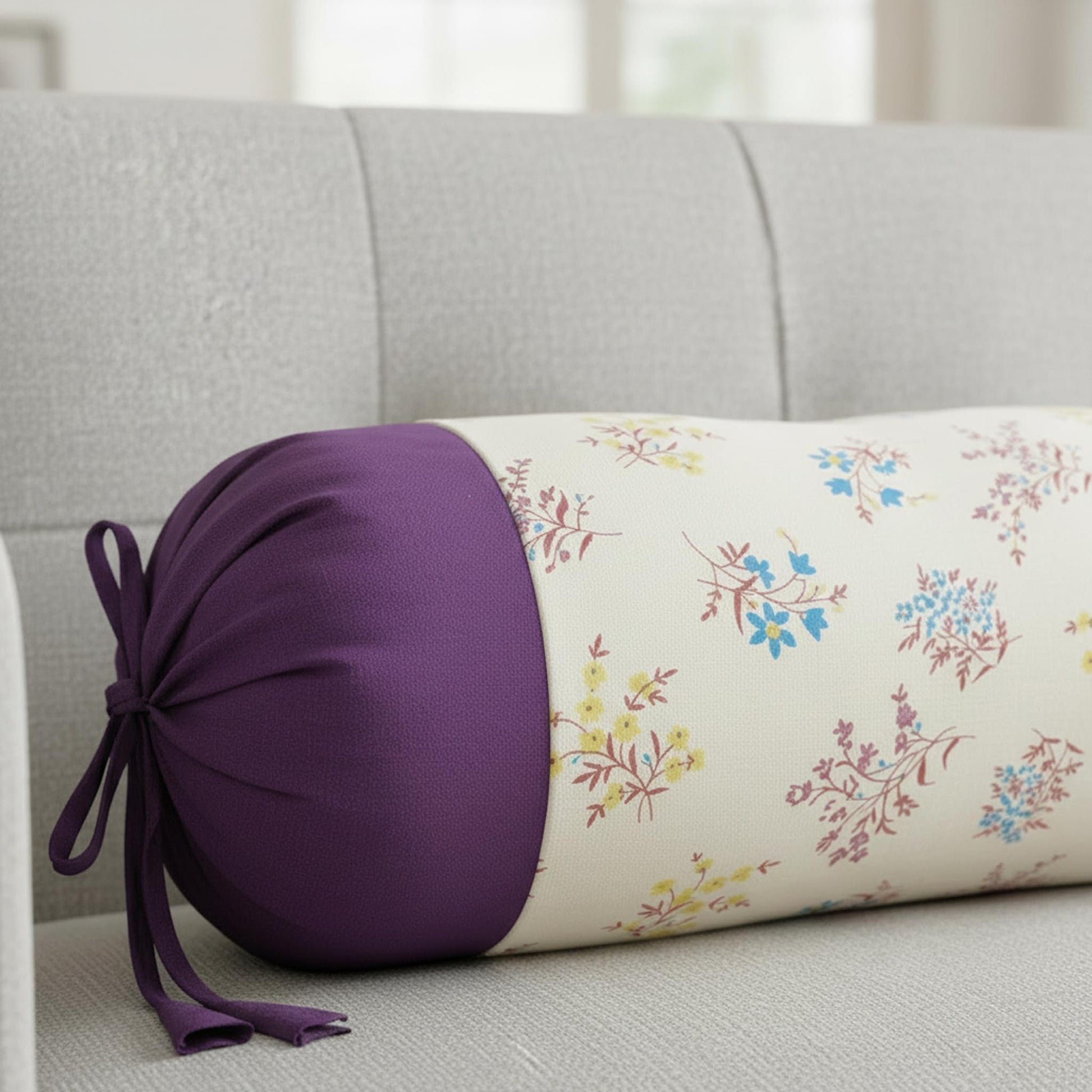 Floral cylindrical pillow with purple end on a gray sofa