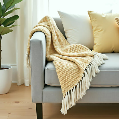 Hand-Knitted All Season Throw Blanket – Cotton Blend | Yellow & Beige | 80x52 Inches