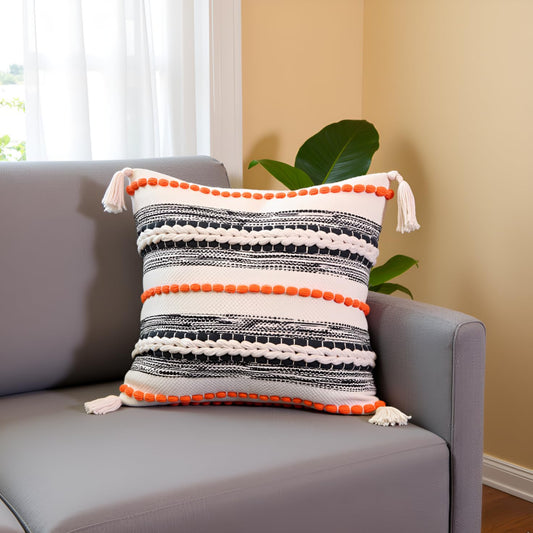 Decorative Tufted Cotton Cushion Cover | Beige & Orange | 16x16 Inches (40x40 cm)