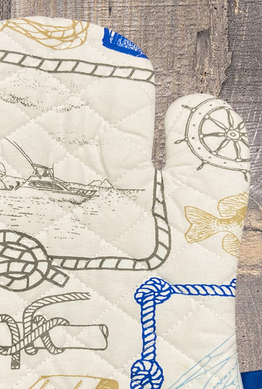pair of white and blue oven gloves with a nautical pattern