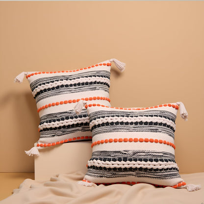 Decorative Tufted Cotton Cushion Cover | Beige & Orange | 16x16 Inches (40x40 cm)