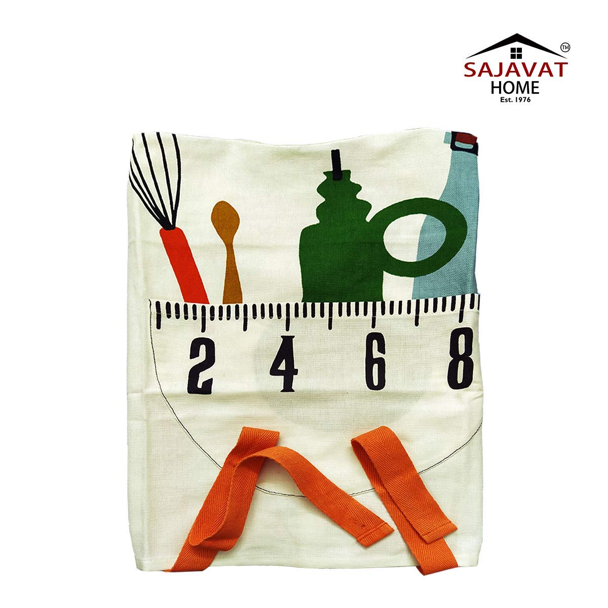 white cotton apron with a graphic print