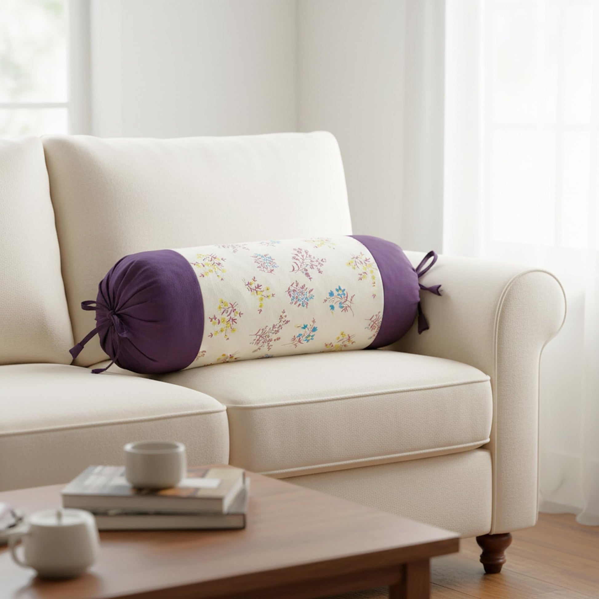Floral cylindrical pillow with purple ends on a white couch in a living room setting.