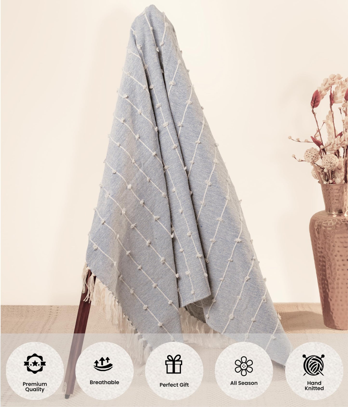 Hand-Knitted All Season Throw Blanket – Cotton Blend | Grey | 80x52 Inches