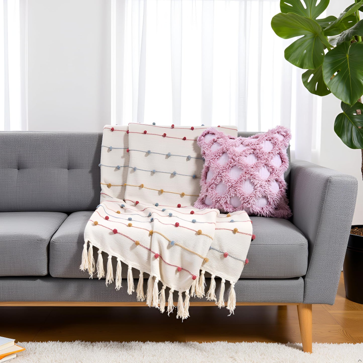 Pure Cotton Beige Multi Throw & Pink Cushion Cover