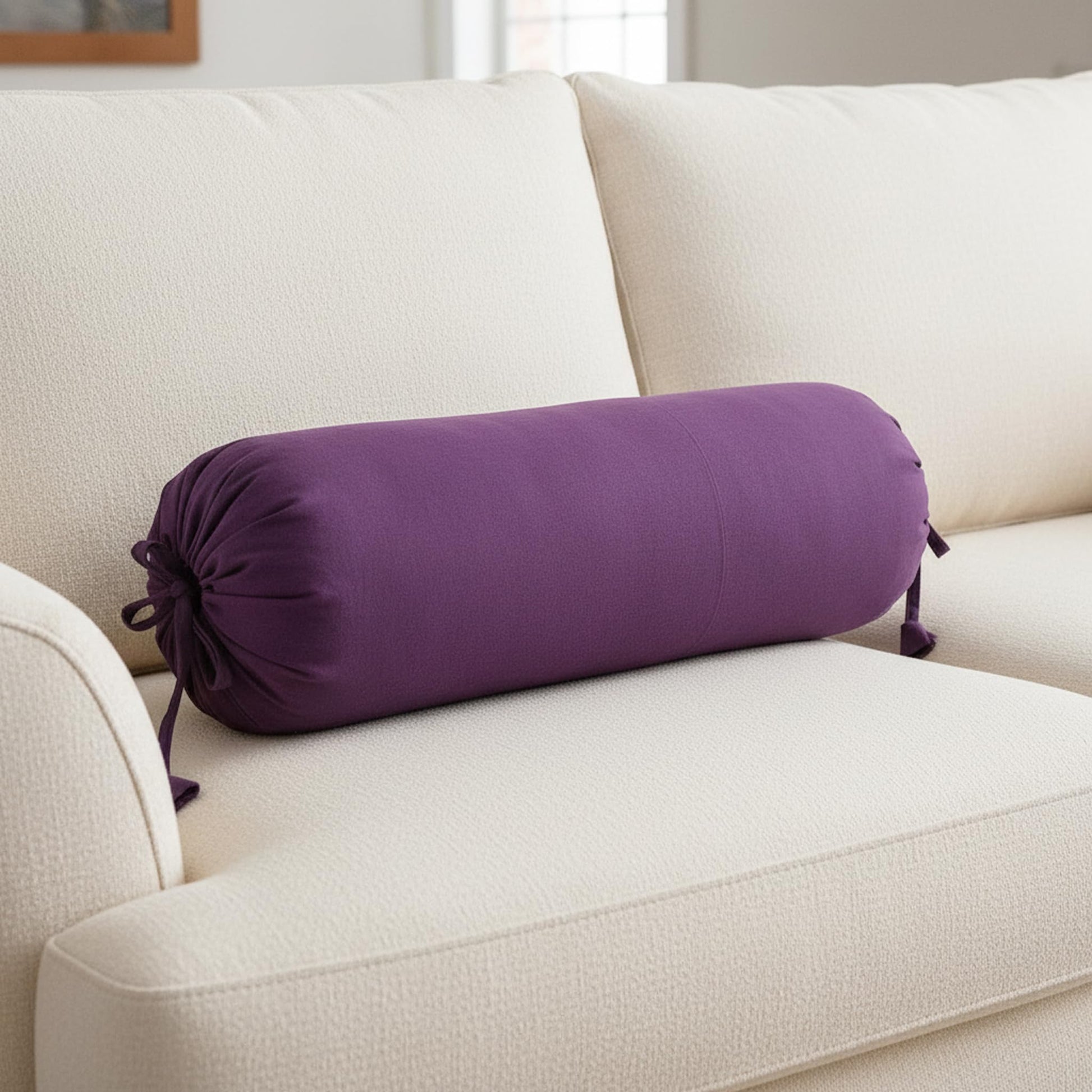Purple cylindrical pillow on a beige sofa