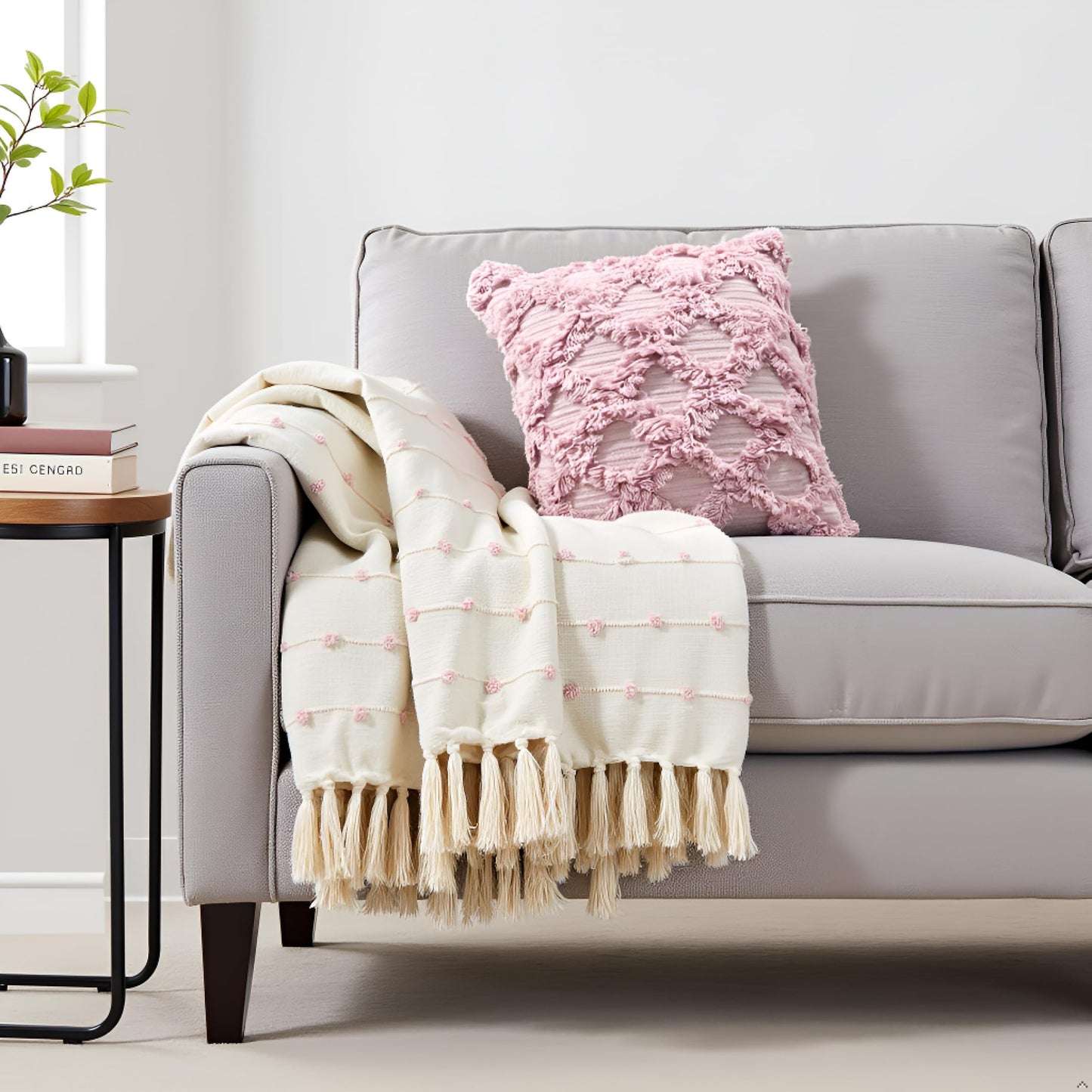 Pure Cotton Beige & Pink Throw & Cushion Cover