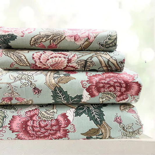 Beige & Blue Cotton Bedsheet