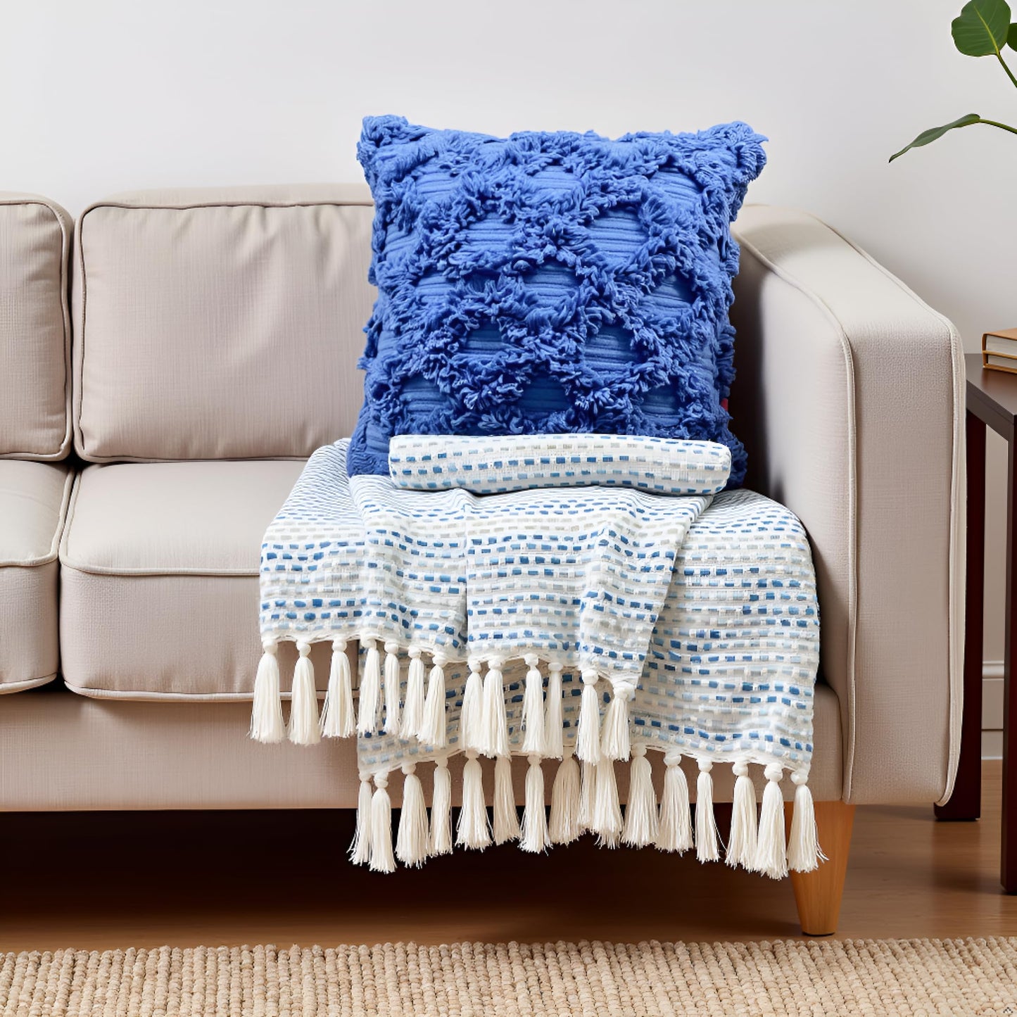 Pure Cotton Blue Multi Throw & Cushion Cover