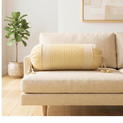 Pure Cotton Stripe Bolster Cover | Beige with Mustard Check Design | Pack of 2