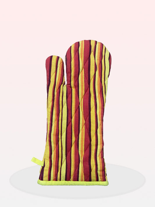 A pair of yellow and red striped oven gloves with a pot holder loop on the bottom.