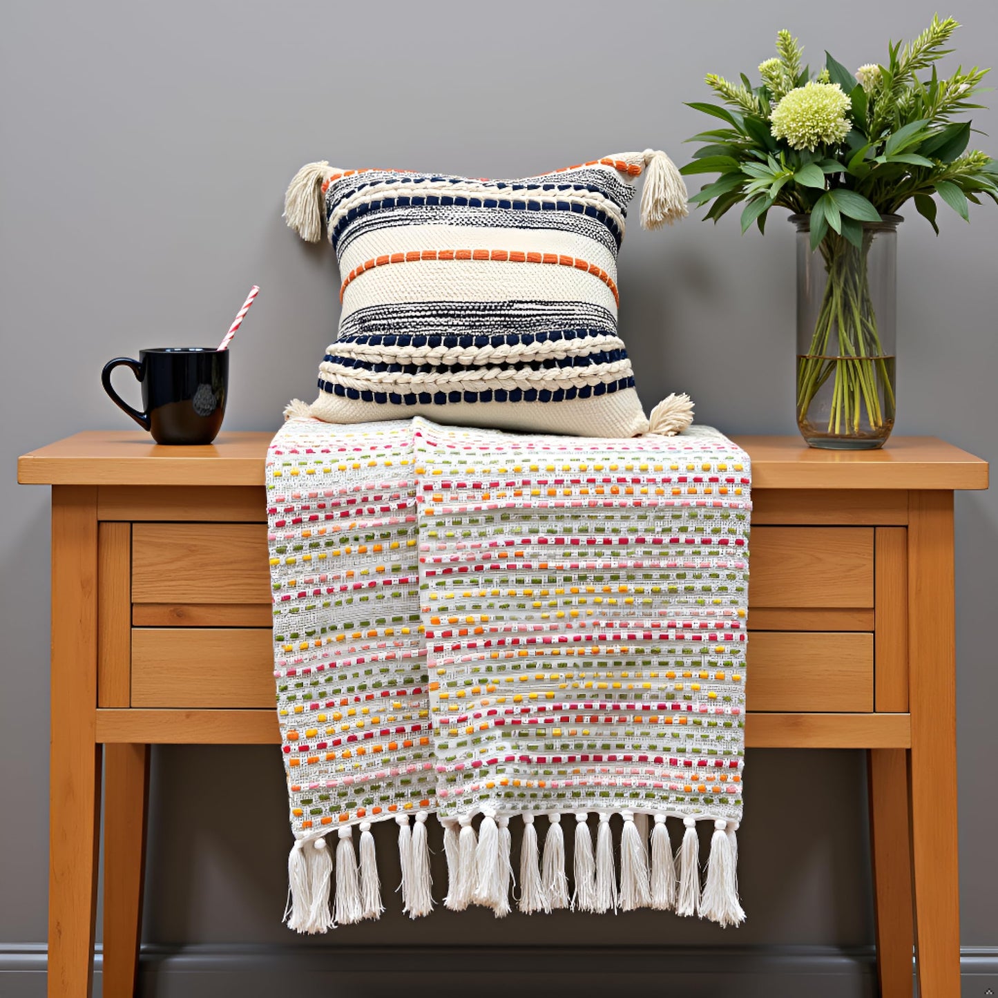 Pure Cotton Blue Multi Throw & Multi Cushion Cover