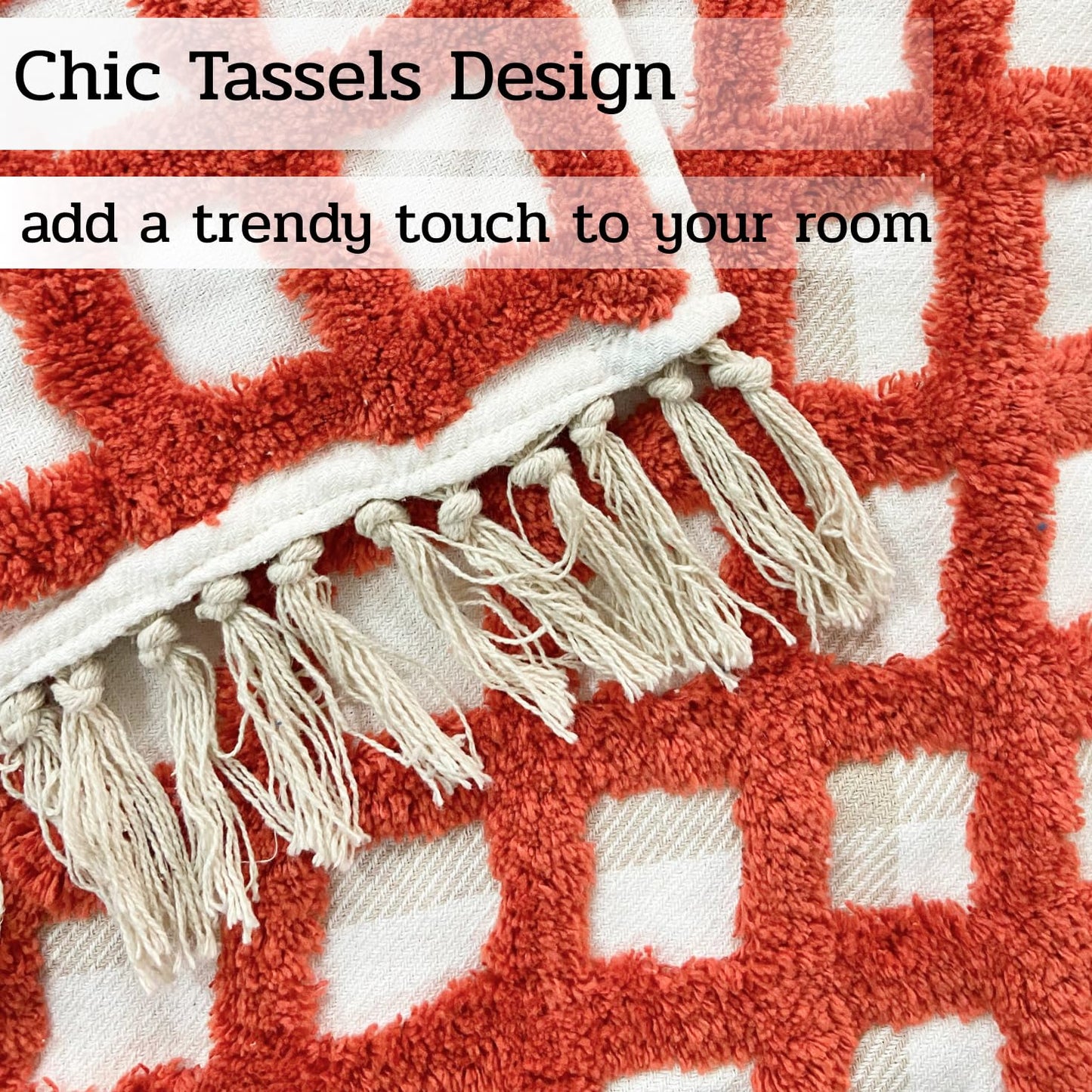 Hand-Knitted All Season Tufted Throw Blanket – Cotton | White & Orange | 80x52 Inches