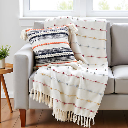 Pure Cotton Beige Multi Throw & 2 Cushion Covers