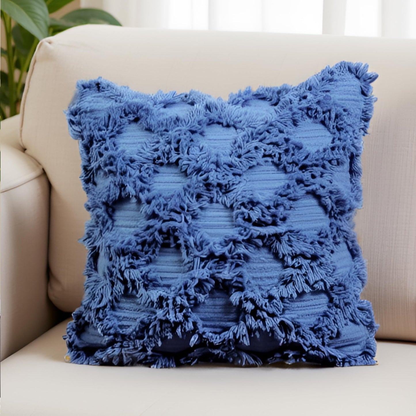 Decorative Tufted Cotton Cushion Cover | Blue | 18x18 Inches (45x45 cm)