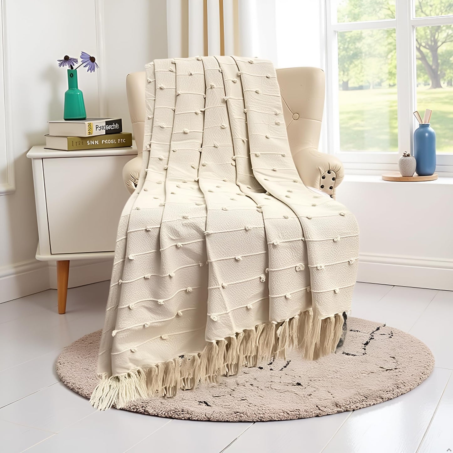 Hand-Knitted All Season Throw Blanket – Cotton Blend | Beige | 80x52 Inches