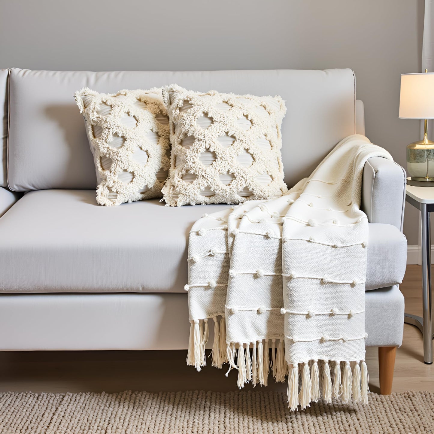 Pure Cotton Beige Throw & 2 Cushion Covers