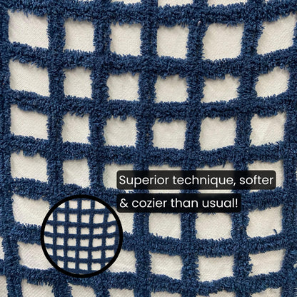 Hand-Knitted All Season Tufted Throw Blanket – Cotton | White & Blue | 80x52 Inches