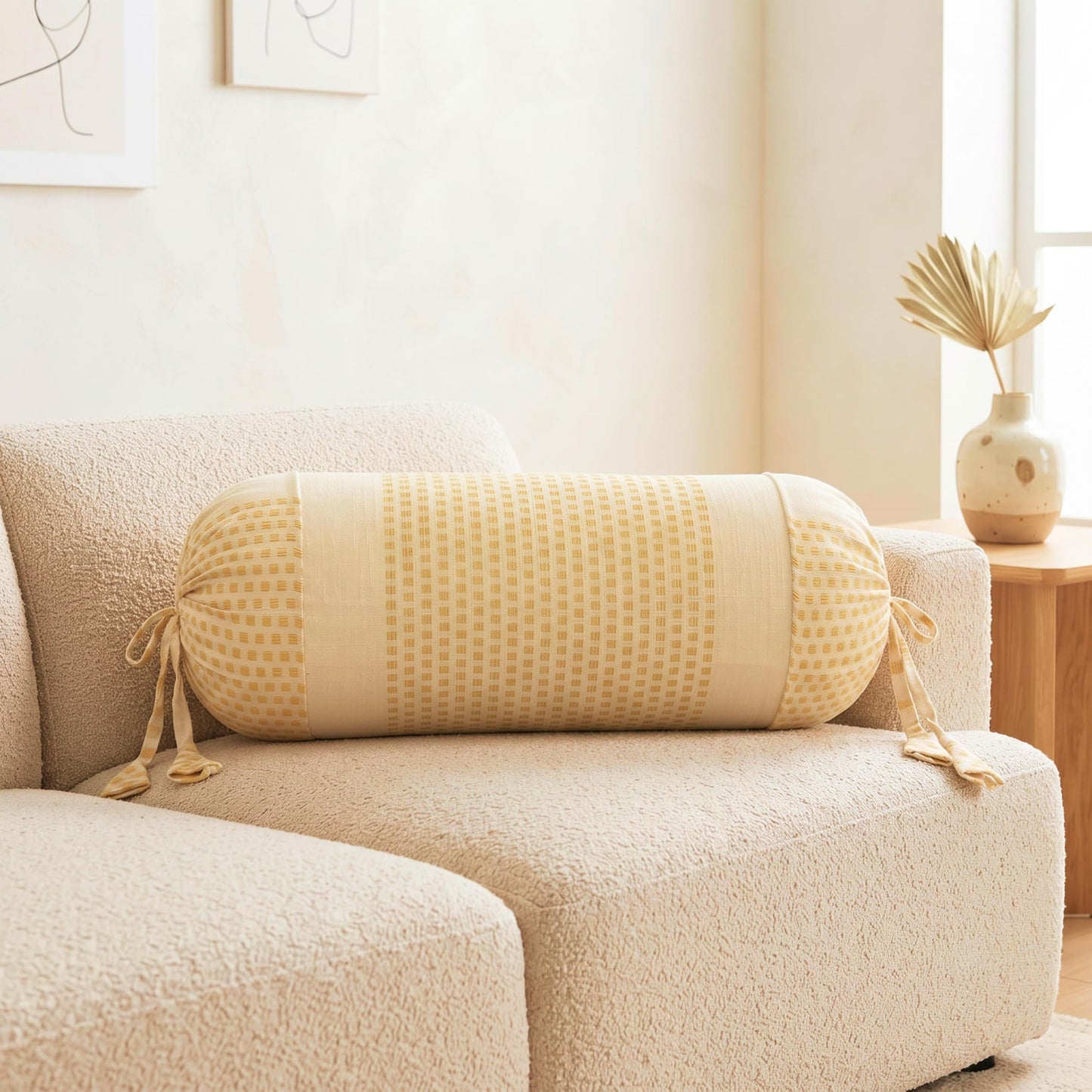 Pure Cotton Stripe Bolster Cover | Beige with Mustard Check Design | Pack of 2