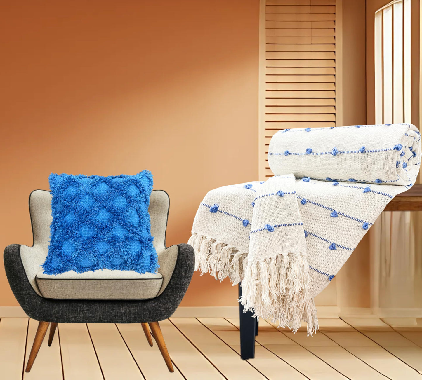 Pure Cotton Beige & Blue Throw & Cushion Cover