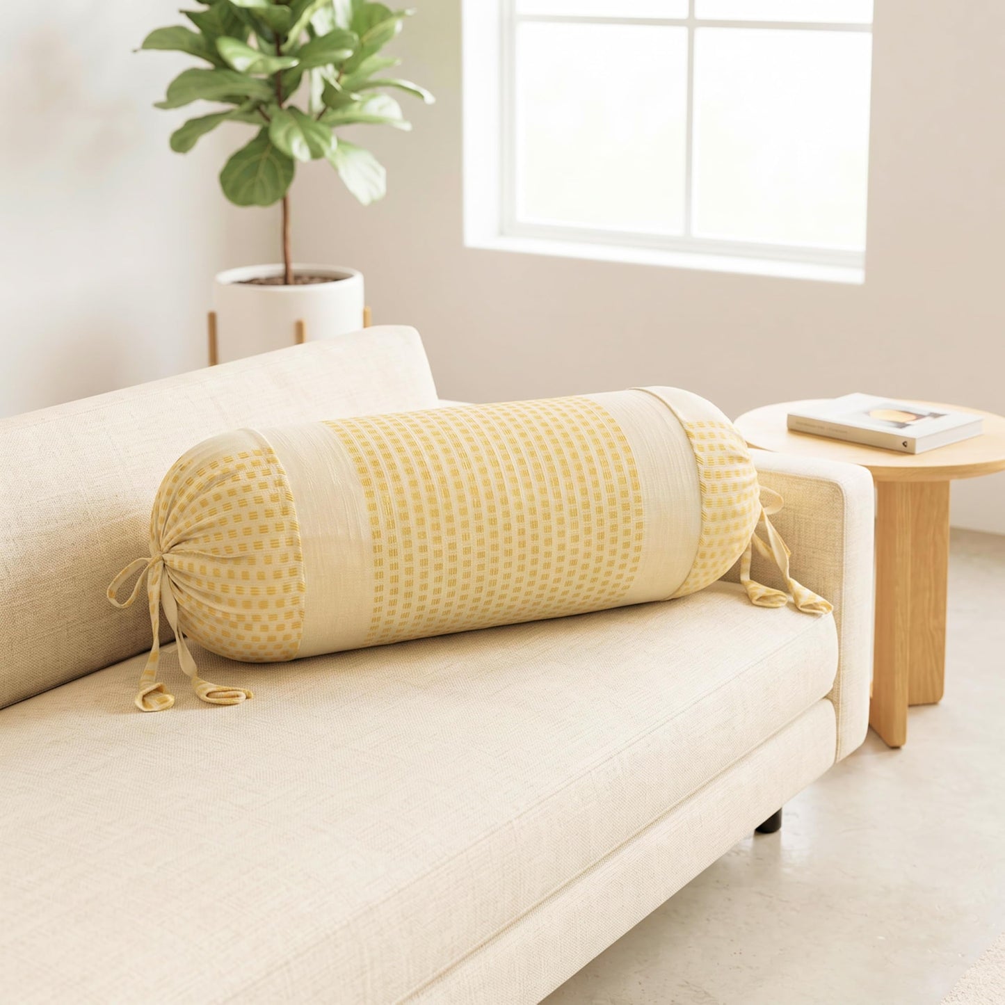 Pure Cotton Stripe Bolster Cover | Beige with Mustard Check Design | Pack of 2