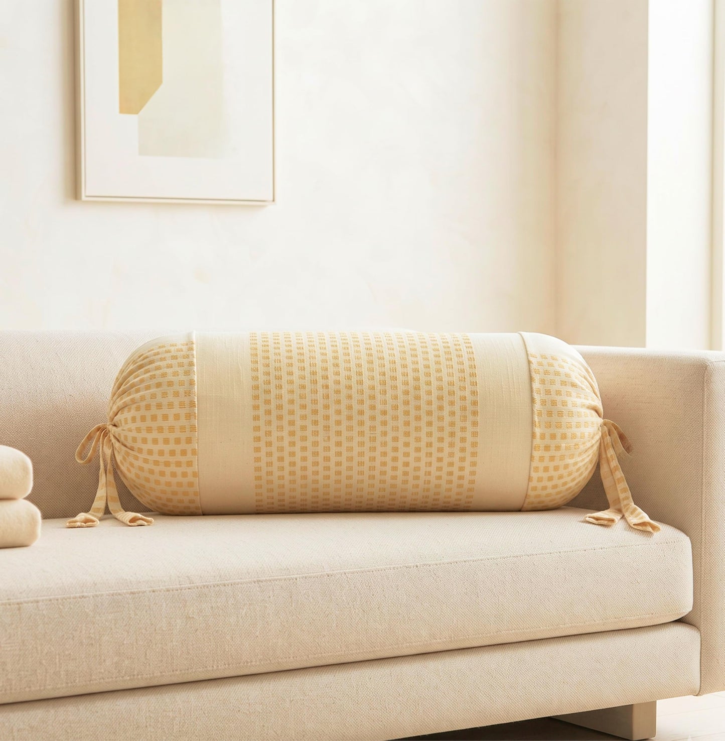Pure Cotton Stripe Bolster Cover | Beige with Mustard Check Design | Pack of 2