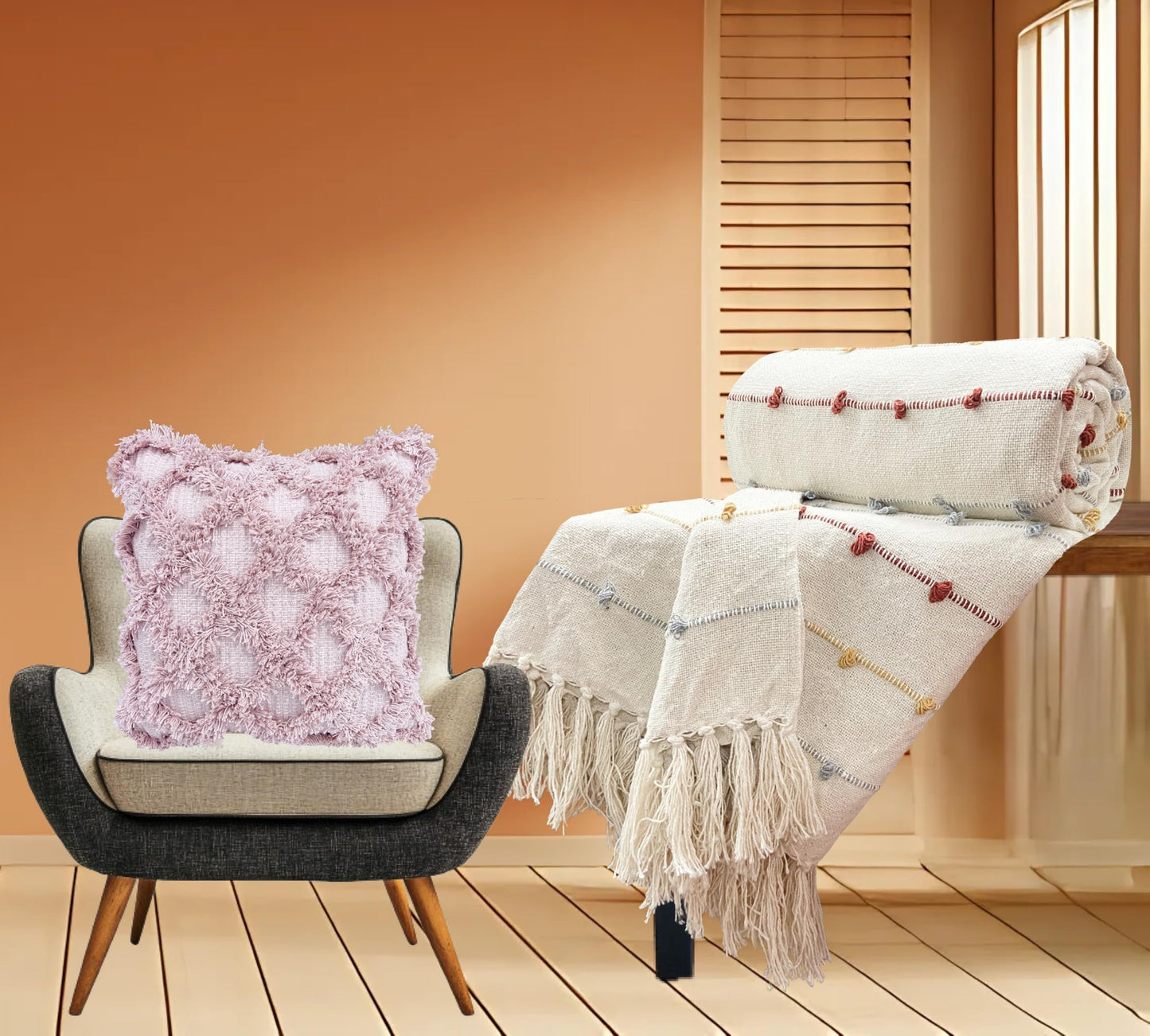 Pure Cotton Beige Multi Throw & Pink Cushion Cover