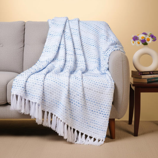Hand-Knitted All Season Throw Blanket – Cotton Blend | Blue Multi | 80x52 Inches