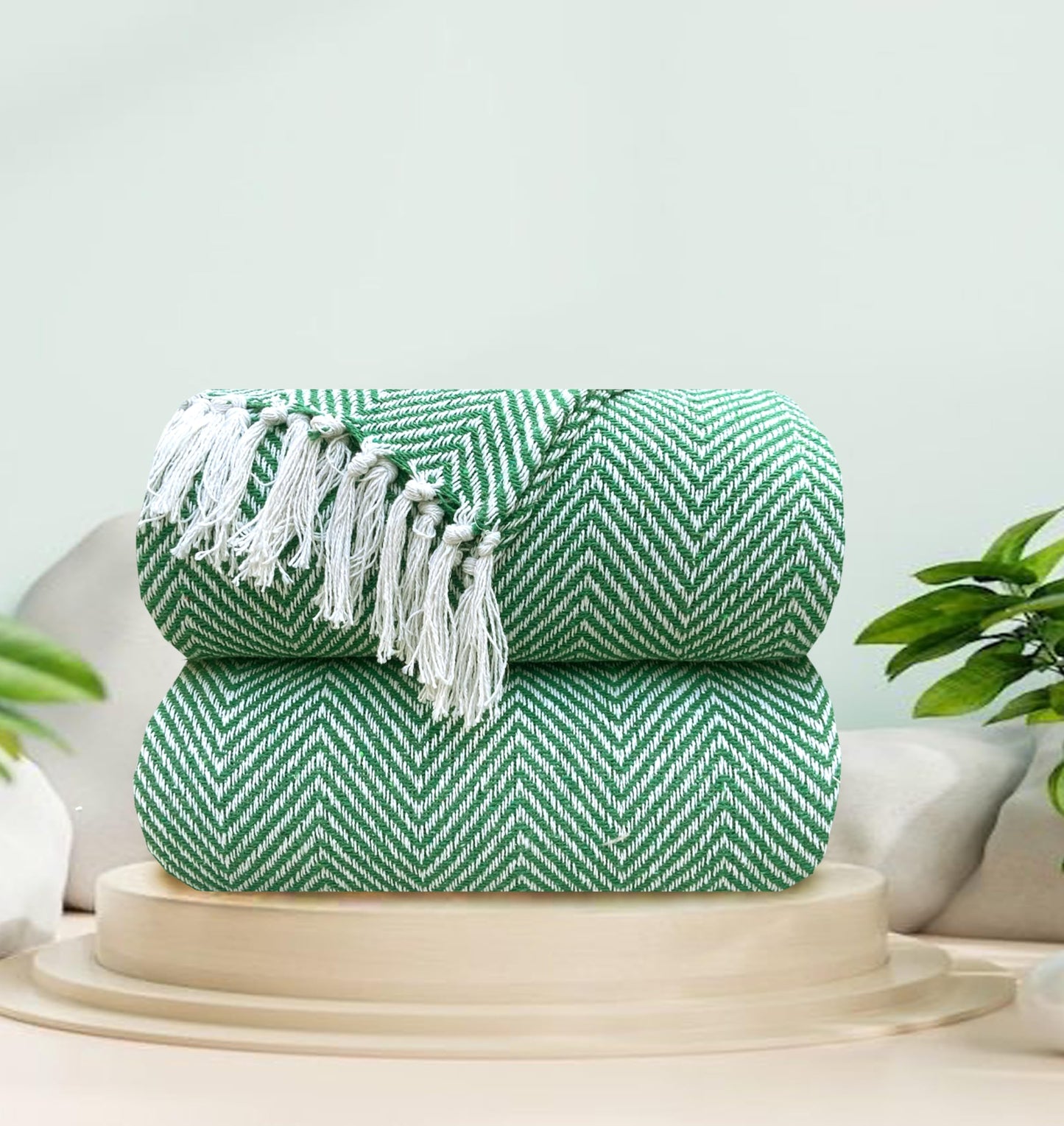Pure Cotton  Green Sofa Throw - Pack of 2