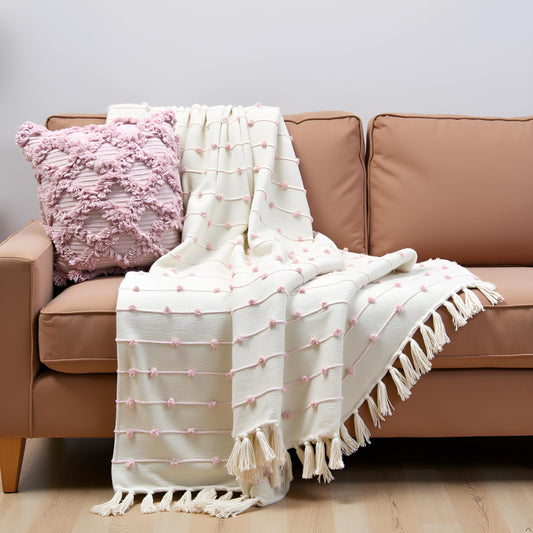 Pure Cotton Beige & Pink Throw & Cushion Cover