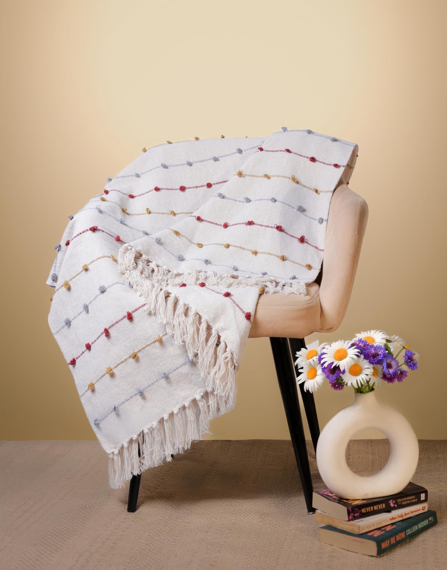 Pure Cotton Beige Multi Throw & 2 Cushion Covers