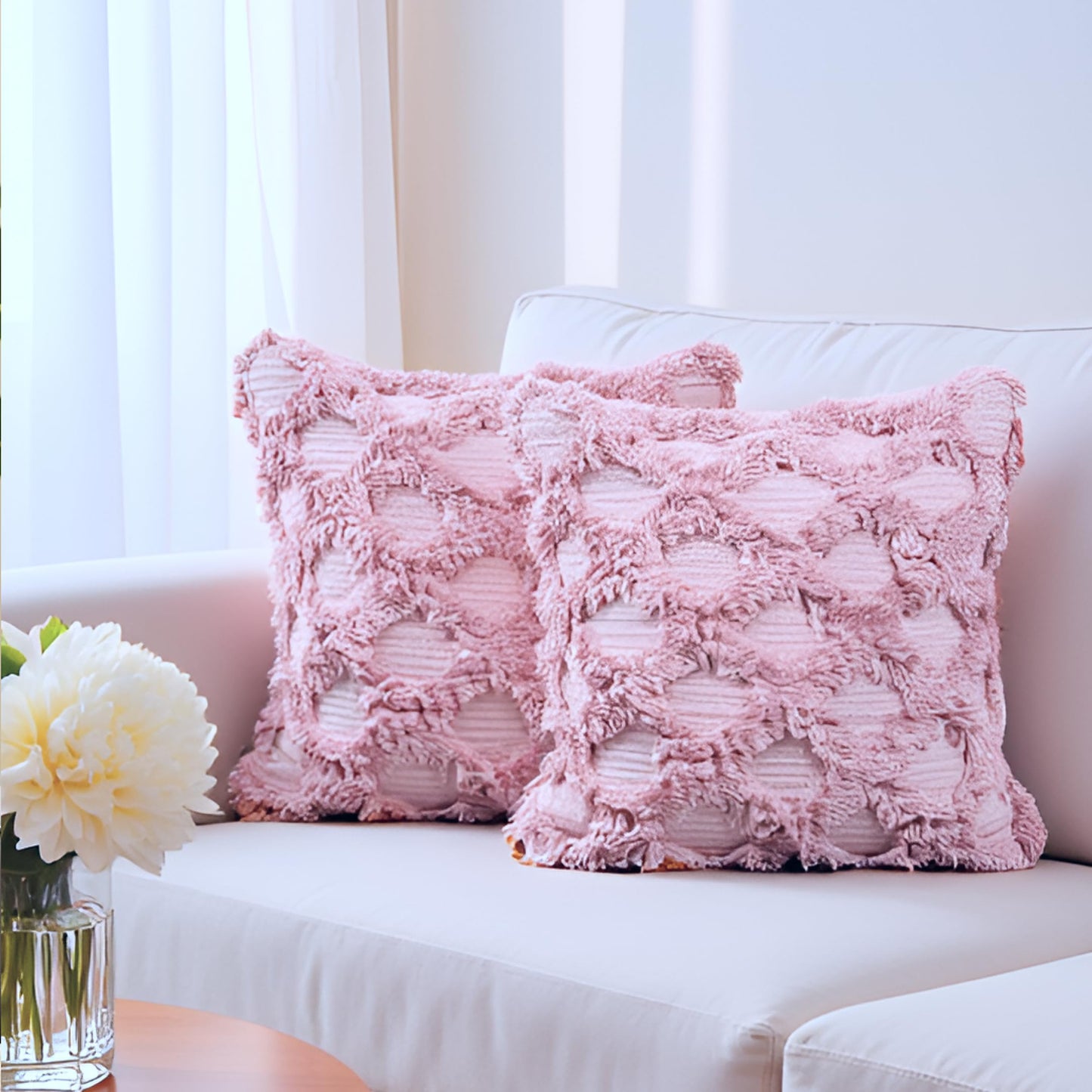 Decorative Tufted Cotton Cushion Cover | Pink | 18x18 Inches (45x45 cm)