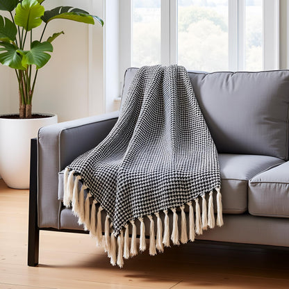 SAJAVAT HOME Hand-Knitted All Season Throw Blanket – Cotton Blend | Black & Beige | 80x52 Inches